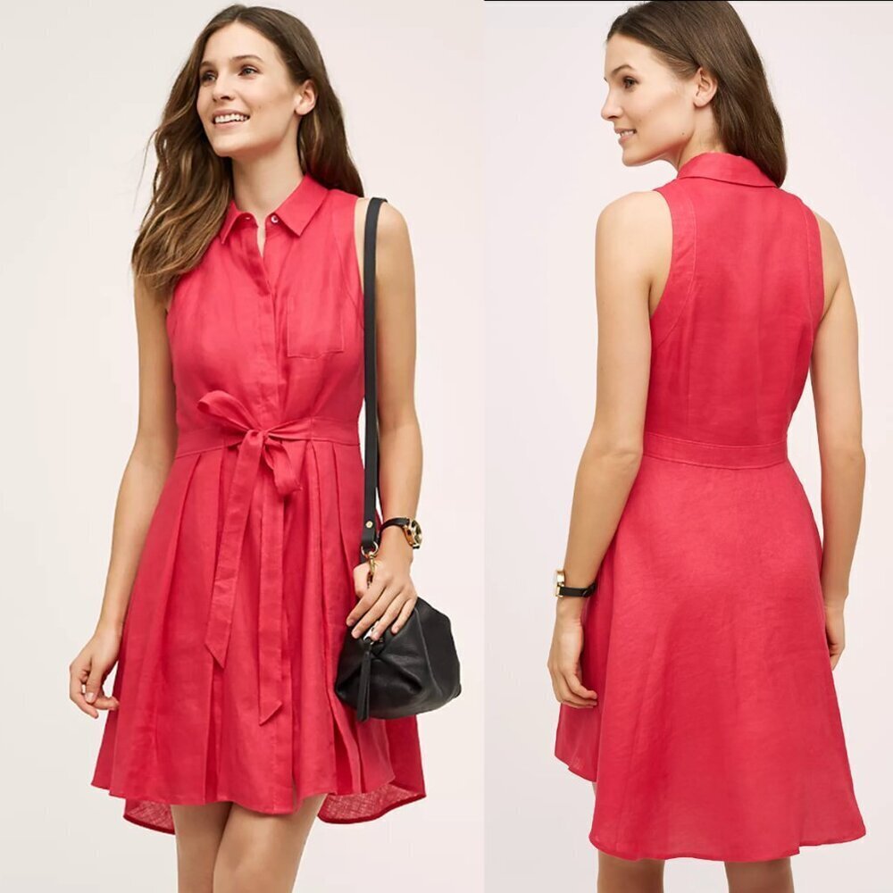 Anthropologie HD In Paris Printemps Linen Shirtdress in Raspberry Pink, size 0